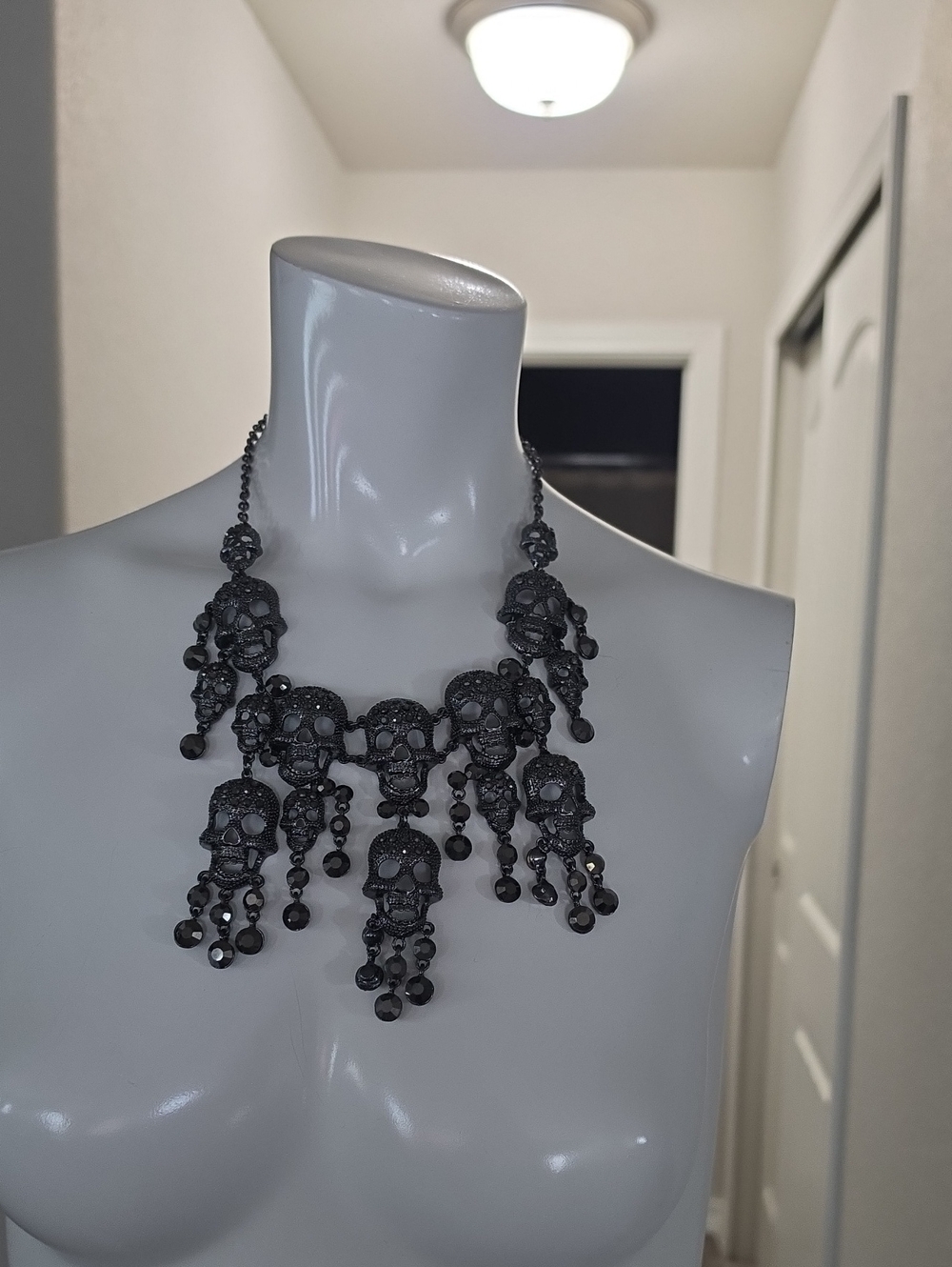 Betsey Johnson Black Skull Bib Necklace with Dangle Beads